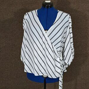 Worthington Stripped Wrap Blouse PL White and Black- Pre-Owned